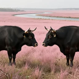 concept art by Neil Blevins, James Paick, Natasha Tan Maciej Kuciara, highly detailed, ultra realistic  two black bull stay face to face, a clearing with pink grass and a river long-range plan cinematic lighting