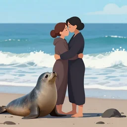 a woman and a seal stand on the seashore and embrace each other, hd, artstation trending