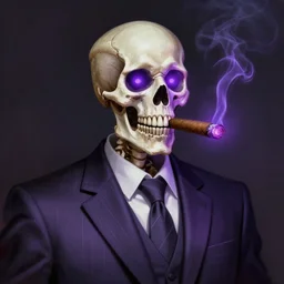 a skeleton wearing a business suit with light purple lines on it and smoking a glowing purple cigar with glowing eyes, digital painting, portrait
