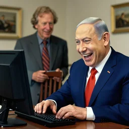 benjamin netanyahu laughing hysterically at computer screen, by norman rockwell and michael cheval
