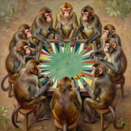 by constantin joffe kaleidoscopic, random. a beautiful painting of a group of monkeys playing backgammon. the monkeys are seated around a table, with some of them appearing to be deep in concentration while others appear to be playing more casually.