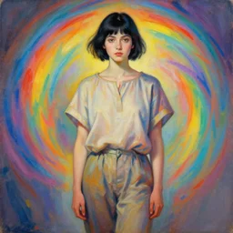 a young woman with short black hair wearing a tunic and trousers. in the background, rainbow colors swirl around her, chromatic light. portrait painting by artgerm and greg rutkowski and alphonse mucha.