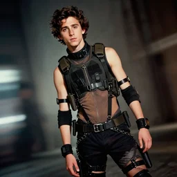 portrait photograph of TIMOTHEE CHALAMET wearing provocative techwear, enhanced sharpness, harnesses and garters, tactical vests and holsters, retrofuturism, brutalism, cyberpunk, sigma 85mm f/1.4, 15mm, 35mm, Kodak Kodachrome Film, tilted frame, long exposure, 4k, high resolution, 4k, 8k, hd, wide angle lens, highly detailed, full color, harsh light and shadow, intoxicatingly blurry