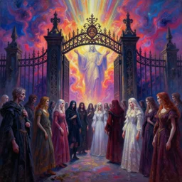 [ style ] [ oil painting ] [ palate ] [ vibrant gothic colors ] lost 👾 👽 souls congregating and waiting in line at the giant iron gate to purgatory, vibrant neon nebulous clouds, radiant light rays, photorealistic painting, intricate and fine details, volumetric lighting, artstation, god figure at the gate