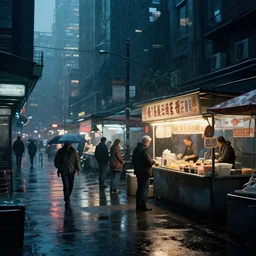 street with food stands in a cyberpunk city on a rainy melancholy night by edward hopper
