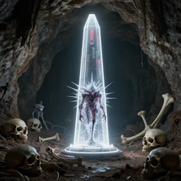 white neon obelisk, super reflective alien spaceship with red leds, spiky lopsided ferrofluid creature in the center of the decrepit underground cave by ross tran and ivan aivazovsky. skulls, big bones, eerie, somber tone. by beeple beksinski. surreal architecture, bizzare landscape, precisionism