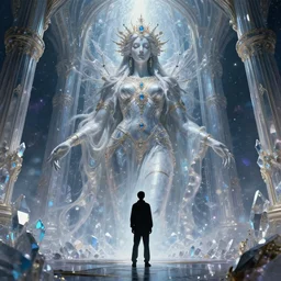 giant dmt entity goddess, tiny man silhouette in front of her looking up, hyperspace crystal palace, 4k wallpaper, intricate detail, brush strokes, masterpieceWadim Kashin, artgerm,  XF IQ4, f/1.4, ISO 200, 1/160s, 8K, RAW, featured in artstation, octane render, cinematic, elegant, intricate, 8k