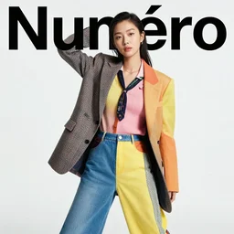 portrait of numero magazine model with exuberant clothing style, colorful, dynamic pose, beautiful face, octane render, vray, detailed, halftoned, editorial photo, matte print, grainy light, ( ( dither ) ), risograph, high contrast, screen print, rich grainy texture, fujifilm superia, kodak portra