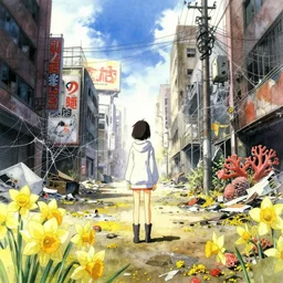 incredible anime movie scene, mamoru oshii, otomo, ultra wide, vanishing point, hoody woman explorer, watercolor, empty, spiderwebs, trash, coral reef, daffodils, billboards, bright volumetric bloom lighting, rim light, abandoned city, paper texture, deserted shinjuku junk town, wires, telephone pole, pollen, yellow, red