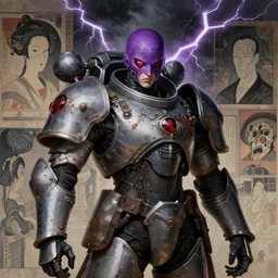 portrait of gothic and futuristic young mainem, warhammer, japan cyber armor, a lot of scars, thunderstorm, purple head, heart instead of eyes, the middle ages, highly detailed, artstation, in the style of moebius, jugendstil and classic japanese print, art by rene magritte, jean delville