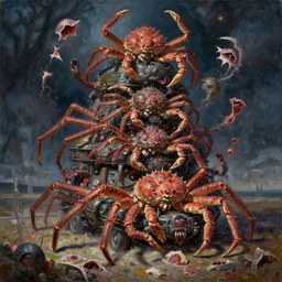 oil painting nightmare macerated epic tiered dystopian vehicular panulirus ornatus via japanese spider crabs fused into weapon terrors throwing skin landscape, cinematic, fine art, by jack gaughan, shigeru komatsuzaki