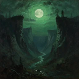 nighttime painting, haunted eldritch gorge, greenish moonlight, in the style of ivan aivazovsky, john atkinson grimshaw, albert bierstadt, oil on canvas