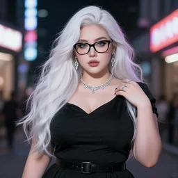 beautiful curvy female, long white gray hair messy style, black dress with belt around waist, black frame glasses, silver shining necklace earrings and rings, elegant, night life in background neon lights, depth of field, particles, lighting at night, artstation, art by wlop, guweiz, artgerm, digital painting, highly detailed, perfect face, smooth, sharp focus, blue eyes