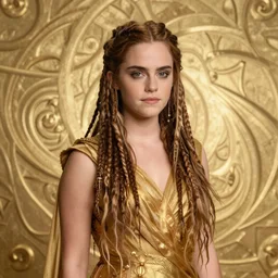 mohican emma watson as celtic druidess, long dreadlocks, gold cloth, shiny background, intricate, elegant, highly detailed, digital painting, artstation, concept art, smooth, sharp focus, illustration, artgerm, mucha, bouguereau