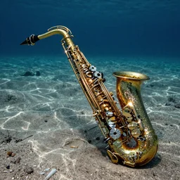 glittery saxophone lying on ocean floor in the sand underwater, noisy, detailed, high contrast award winning photo by Trent Parke, Magnum photos