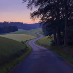 a road weaving through rolling hills from the edge of a forest with giant trees at dusk. perspective landscape fantasy. strong shadows. deep colorful soft gradients, and translucence. by norman rockwell, johfra bosschart, and eyvind earle. artstation