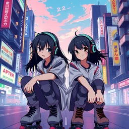 twin japanese anime boys, short boys, long black hair, headphones, rollerblades, cel - shading, 2 0 0 1 anime, flcl, jet set radio future, the world ends with you, futuristic city, japanese city, colorful buildings, cel - shaded, strong shadows, vivid hues, y 2 k aesthetic, art by artgerm