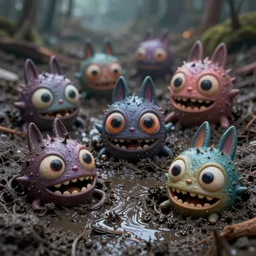 of a dark and muddy landscape with strange cute friendly creatures with big eyes, mouth and round teeth appearing from the mud, in the style of Giger, macro lens, shallow depth of field, highly detailed, digital painting, trending artstation, concept art, illustration, cinematic lighting, vibrant colors, photorealism, epic, octane render