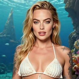 tattooed margot robbie wearing a shells tassel bikini, atlantis in the background, one eye wink, highly detailed face, realistic face, beautiful detailed eyes, fantasy art, in the style of greg rutkowski, illustration, epic, fantasy, intricate, hyper detailed, artstation, concept art, smooth, sharp focus, ray tracing, vibrant