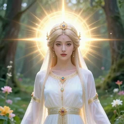 a heavenly female deity wearing a head dress and with a halo surrounded by vivid light and god rays in a forest surrounded by flowers and trees, portrait, full body shot, flowing hair, video game concept art, alphonse mucha, james gurney, greg rutkowski, jeremy lipkin, beautiful, liminal, nature, vivid colour, surreal