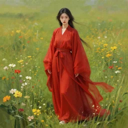 a beautiful woman standing in a field of flowers in long flowing red robes, trending on artstation, complimentary colors, detailed rough digital painting, concept art