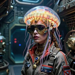 closeup view of a Ukrainian extravagant female jellyfish human hybrid wearing vacuum tube amp tracksuit and visor shades and jewellery, inside of a dimly lit ancient mayan submarine base, ektachrome color photograph, volumetric lighting, 24mm f8 aperture