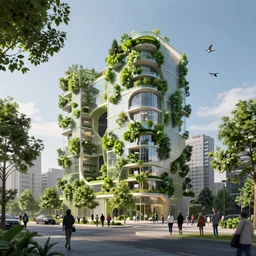 fluid green building in city designed by zaha hadid with trees and people walking, birds flying, cinematic, ray traced, octane render, cinematic lighting, vfx film, ultrarealistic, featured on artstation, 8 k