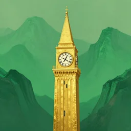 clocktower, gold, green mountains, art by ismail inceoglu, artstation