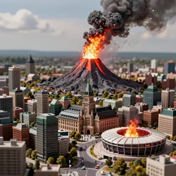 a miniature diorama of downtown montreal with volcano mount - royal erupting, olympic stadium on fire, macro photography, tilt shift