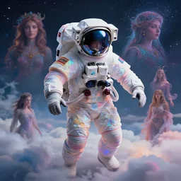 a photorealistic detailed image of a beautiful vibrant iridescent astronaut made from clouds, spiritual science, divinity, utopian, by david a. hardy, hana yata, kinkade, lisa frank,