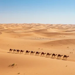 a vast arabic desert landscape with minimal vegetation in the style of thomas cole and a group of camels crossing a dune, raytracing, 8 k, octane render, volumetric, vivid, beautiful, hyperrealism