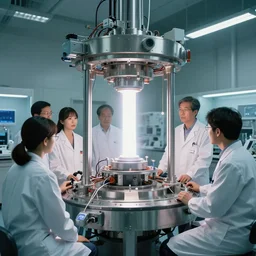 teleportation machine in a laboratory, with scientists working on it and studying it, the machine is a large metal contraption with a bright light in the center by keith parkinson and yuumei