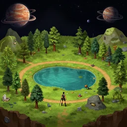 in front of a [ [ [ small park ] ] ] with a small lake in a remote outpost, on an alien planet, from a space themed point and click 2 d graphic adventure game, set design inspired slightly by tomb raider, art inspired by [ [ thomas kinkade ] ] and bill alexander