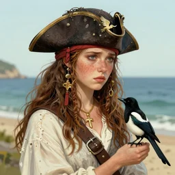 freckled mediterranean pirate girl and a small bird black and white magpie, seaside backgroud, concern, worry, art for young adult fantasy novel, intricate, elegant, clean, well composed, highly detailed, art by chengwei pan and viktoria gavrilenko and artgerm and greg rutkowski and alphonse mucha and josephine wall, trending on artstation