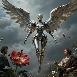 still frame from Prometheus movie by Makoto Aida, flying biomechanical angel gynoid by giger, mimicking devil's flower mantis, metal couture by Guo pei, editorial by Malczewski and by Caravaggio