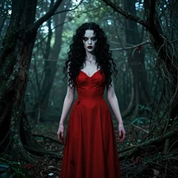 artgerm, full body, pretty alyson hannigan, evil dead demon, evil dead movie, red dress, symmetrical eyes, symmetrical face, long curly black hair, trees, forest, branches, cinematic lighting, evil dead creature, scary, blood