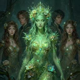 earth goddess, green skin ; by james jean, charlie bowater, tom bagshaw, nikolay makovsky, melanie delon : : enchanting, ethereal, magical, glowing, sparkle, iridescent, flowerpunk, portrait, character design, illustration, hyperrealism, photorealism, digital art, concept art, dark fantasy, whimsy, weta, wlop, artstation