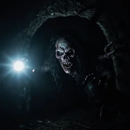 hellish monster hiding in shadow, flash photography, horror