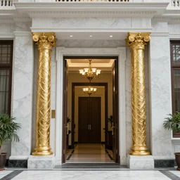 room architecture, marble withe, hall entrance 2 gold fractal collums on portal, photorealistic detailed macro