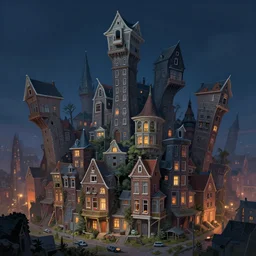 a magical town with tall crooked and deformed buildings inspired by amsterdam and victorian england, night time, highly detailed, smooth, digital painting, concept art, game art, matte painting, trending on artstation