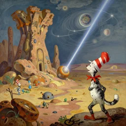mesozoic cosmic upheaval turmoil landscape in the style of dr. seuss, moongate struck by orbital laser, painting by albert bierstadt