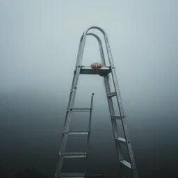 a ghostly hand holding a metal step ladder emerges from the mist