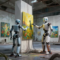 robots painting! nature on canvases! in an abandoned brutalis art gallery! cinematic volumetric lighting, tangled wires