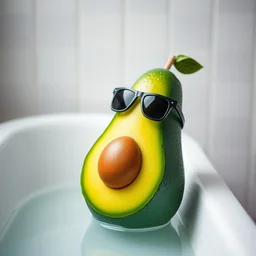 a toy avocado wearing sunglasses at a bathtub