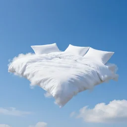 a bed made out of clouds and blue sky floating in the sky