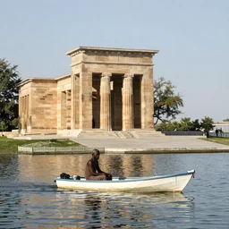 a man on a small boat on a lake by djibril diop mambety, ancient high buildings, highly vertical classical temples, leica sl 2 3 5 mm, high quality