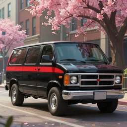 a wholesome animation key shot of one!! focused, custom black 1 9 8 3 gmc van with red stripe on side, in chicago street, medium shot, studio ghibli, disney animation, sharp, very detailed, high resolution, rendered in unreal engine 5, anime key art by greg rutkowski, bloom, dramatic lighting