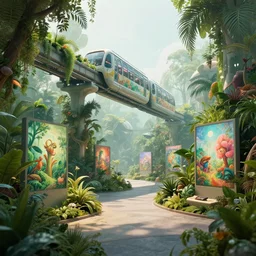a petra collins photo of an eco futuristic organic digital art gallery with lush plants and a monorail that connects all the exhibits, hazy atmosphere with dreamy lighting, sharp focus, digital art, high detail, 8 k, unreal engine, cinema 4 d, film grain, octane render,