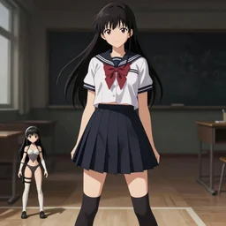 school girl, school uniform, seifuku, pleated miniskirt, overknee socks, dollfie, battle angel alita. by rembrandt 1 6 6 7, illustration, by konstantin razumov