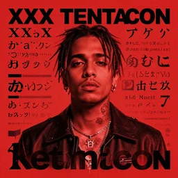 random japanese words in the red and black color as xxxtentacion album cover